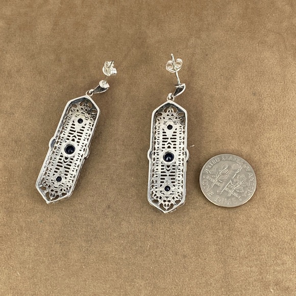 Hand Made Natural Blue Sapphire 925 Silver Filigree Retro Art Nouveau Earrings - Picture 5 of 6